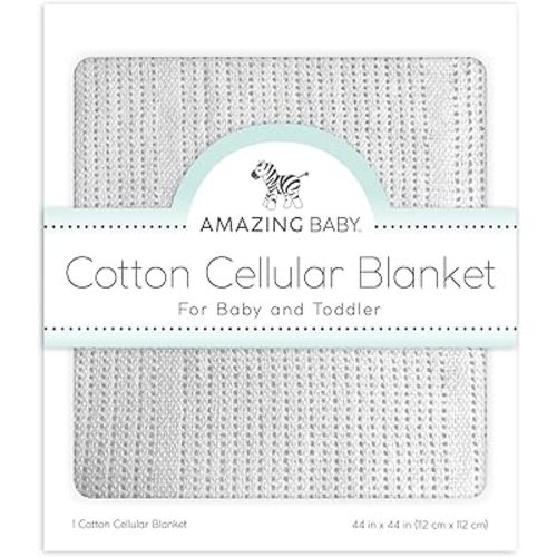 Amazing Baby Cellular Blanket, Premium Cotton Knit, Ultra Soft, Breathable, Cozy Gift for Baby Boys and Girls, Favorite Toddler Blanket, 44 x 44 inches (112 x 112 cm), Soft Sterling