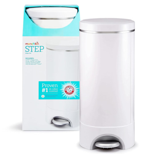 Munchkin® STEP™ Diaper Pail Powered by Arm & Hammer, #1 in Odor Control, Award-Winning, Includes 1 Snap, Seal & Toss™ Bag, 1 Starter Refill Ring, and 1 PUCK™ Baking Soda Cartridge