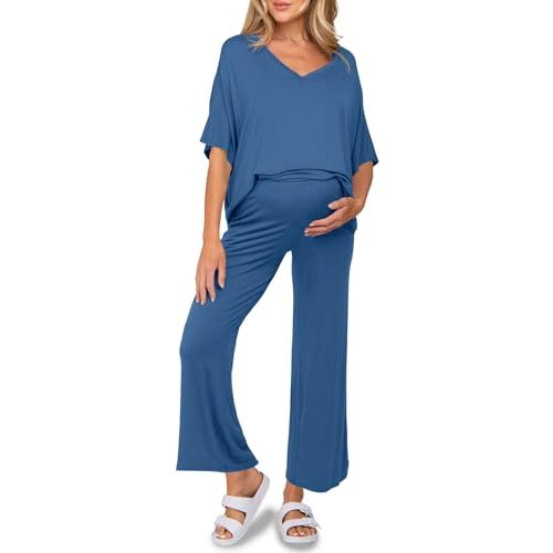 Tankaneo Womens Maternity Pajamas 2 Piece Lounge Set Soft Short Sleeve V Neck T-shirt Cropped Pants Pregnancy Loungewear