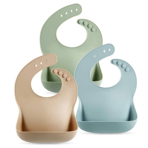 PandaEar Set of 3 Silicone Baby Bibs Waterproof, Soft, Unisex, 10-72 Months (Brown/Blue/Green)