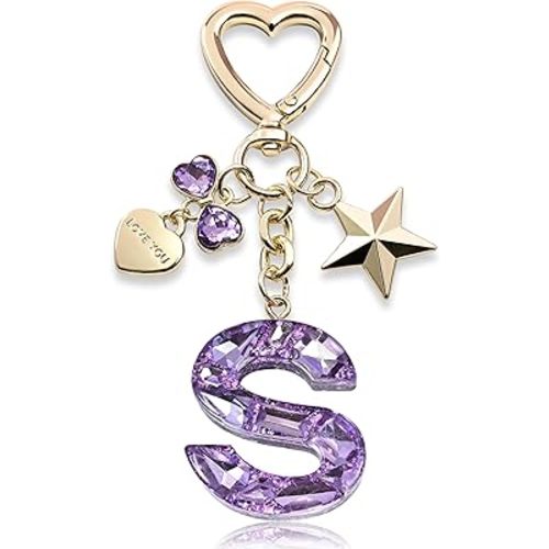 Cute Bling Keychain initial Letter Butterfly Star Pink Purple Gift for Women Girls Bag Cup Charms Accessories