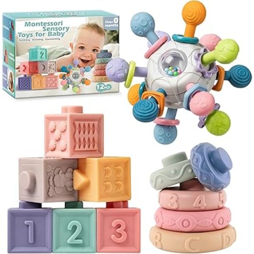 SpringFlower 3 in 1 Montessori Toys for Babies 0-3-6-12 Months, Rattle Teether & Baby Blocks & Soft Stacking Rings, Sensory Developmental Education Toys,Gift for Toddler Baby 0-3-6-12-18 Months