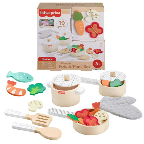 Fisher-Price Wooden Kitchen Pots and Pans Set, 19-Piece Pretend Play Cooking Set for Preschool Kids