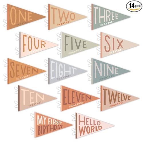 Lucy Darling Petit Milestone Pennants – Baby Monthly Milestone Pennant Flags – Newborn Photo Props & Felt Nursery Decor – Keepsake Banner Set for Baby Photos – Mountain Fields