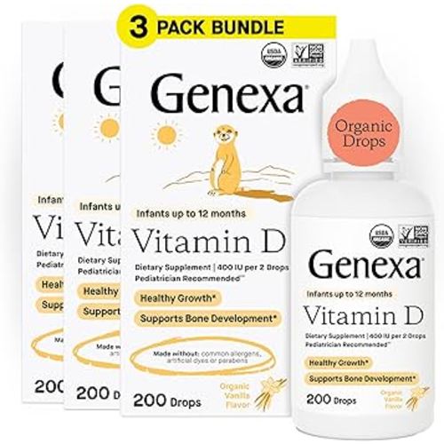 Genexa Infants Vitamin D Liquid Drops for Newborn, Baby & Toddler | Bone Development | Delicious Organic Vanilla Flavor | Certified Organic, Gluten Free, & Non-GMO | 270 Servings (3 Pack)