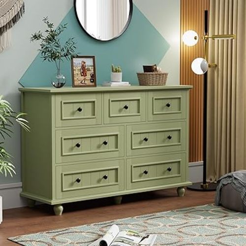 Scurrty Antique Dresser, Modern Chest of Drawers, Large Cabinet with Storage, Dresser for Clothes in Living Room, Bedroom (Green, 7 Drawers)