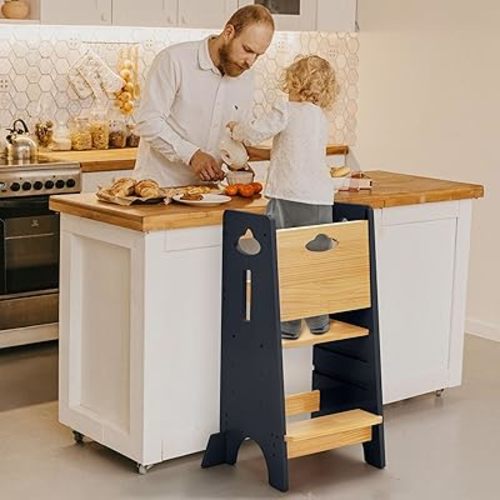 COSYLAND Toddler Standing Tower Adjustable Height - Super Stable Toddler Kitchen Stool Helper - 3 Levels Adjustable Wooden Toddler Kitchen Stool (Natural)