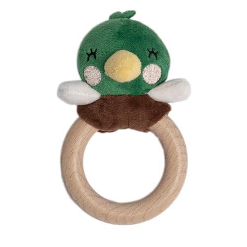 Pearhead Mallard Duck Wooden Baby Teether Soft Plush Lovey with Natural Wood Rattle Ring, BPA & PVC-Free, Soothes Infant Gums, Multi-Sensory Newborn Essential for Boys, 0+ Months