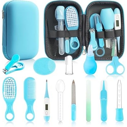 Baby Healthcare and Grooming Kit, 14 in 1 Baby Safety Set Newborn Nursery Health Care Set with Hair Brush Scale Nail Clippers for Baby Girls Boys (Blue 14 in 1)