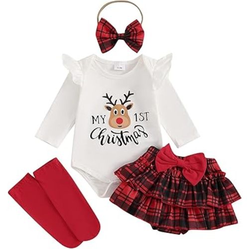 FYBITBO Newborn Baby Girl Christmas Outfits Cute Letter Romper Ruffle Plaid Skirt Dress Infant Christmas Outfit Clothes Set