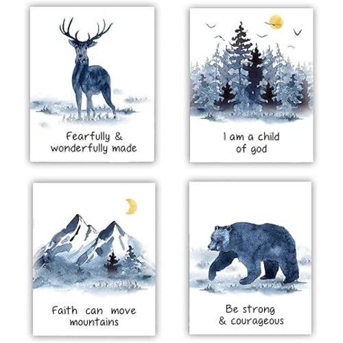Forest Animals Bible Verse Poster , Inspirational Quote Poster ,Watercolor Wall Art for Kids Room Decor ,suitable for Kids Room ,Playroom Nursery Decor Decor | 4-pack20.32 x 25.40 cm (Unframed) c