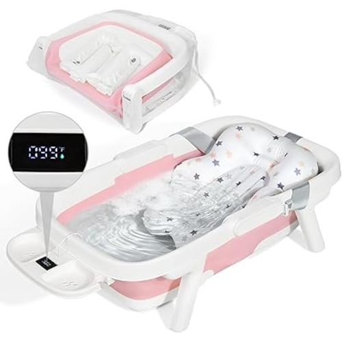 Orzbow Collapsible Baby Bathtub, Large Baby Bath Tub for Newborn with Soft Cushion & Thermometer, Travel Portable Baby Tubs for Infants to Toddler 0-36 Months, Pink