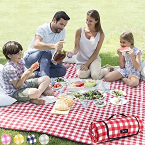ZAZE Picnic Blanket Extra Large Waterproof, 80''x80''Checkered Picnic Blankets Beach, Outdoor, Camping on Grass Accessories Couple Ideas Wedding Registry Gifts (Red and White)