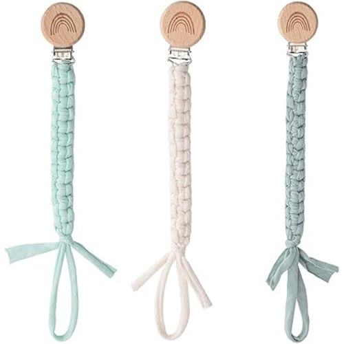 Pacifier Clip for Boys Girls Pacifier Holder Leash Boho Rainbow Wooden Clips Handmade Braided Cotton Unisex Baby Shower Birthday Gift Christmas Gift