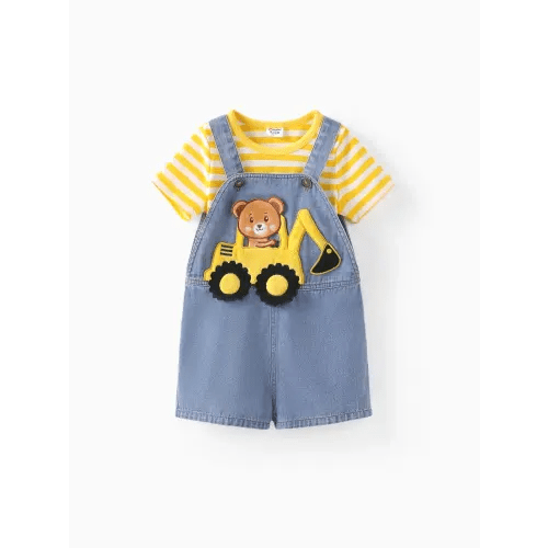 Baby Boy 2pcs Striped Tee and Bear Vehicle Embroidery Denim Overalls Set