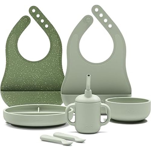 Lalo First Bites Silicone Baby Feeding Set - Baby Led Weaning Supplies - Non-Toxic Silicone - Includes 2 Bibs, 2 Spoons, Training Cup, Suction Plate and Bowl - 6 Pieces - Sage