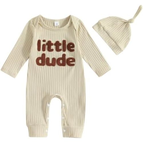 ZAXARRA Newborn Coming Home Baby Boy Outfits Little Dude Letter Print One Piece Rompers Long Sleeve Waffle Knit Fall Clothes
