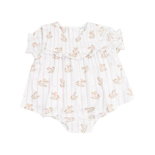 Pink Vintage Rocking Horse Bamboo Smocked Ruffle Bubble with Skirt