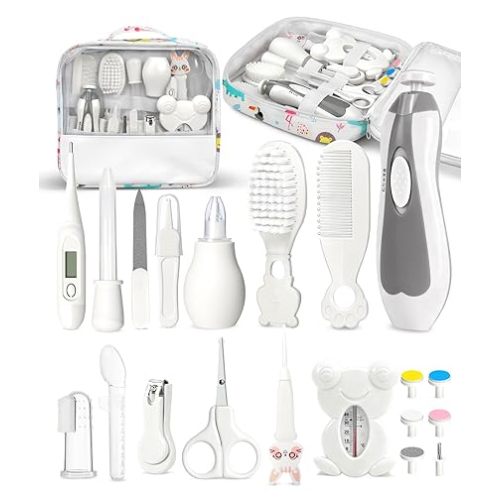 Baby Healthcare and Grooming Kit, Electric Safety Nail Trimmer Baby Nursery Kit, Newborn Care Kits with Hair Brush Comb for Newborn Infant Toddlers Baby Boys Girls Kids, Baby Shower Gifts (White)