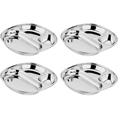 Ahimsa Stainless Steel Kids Plates | Pediatrician Designed | Balanced Bites Divided Plates for Toddlers | Non Toxic & 100% BPA Free | Dishwasher Safe | Set of 4 (Classic Stainless)