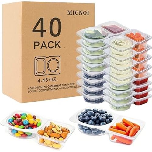 40 Pack Snack Containers, Reusable 2 Compartment Condiment Containers with Lids, Ideal for On-the-Go Mini Sauce Boxes & Snack Prep Containers for Kids and Adults, BPA-Free