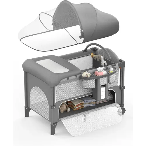 Baby Bassinet, Pack and Play, 4-height Adjustable Bedside Crib Sleeper, Diaper Changing Table with Diaper Pads, Zipper Door, Mosquito Net, Bottom Storage, and Toy Shelf for Newborn to Toddler, Grey