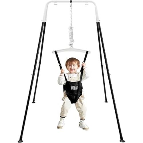 FUNLIO Baby Jumper with Stand for 6-24 Months, Toddler Jumper for Indoor/Outdoor Play, Infant for Baby Girl/Boy, with Adjustable Chain, Easy to Assemble & Store (with Stand) - Black