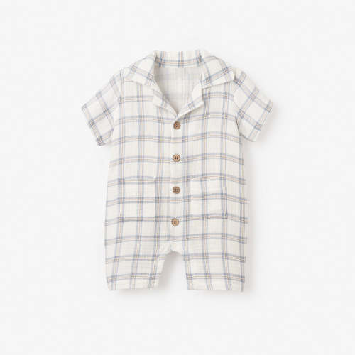 Plaid Organic Muslin Shortall BLUE / 3-6M