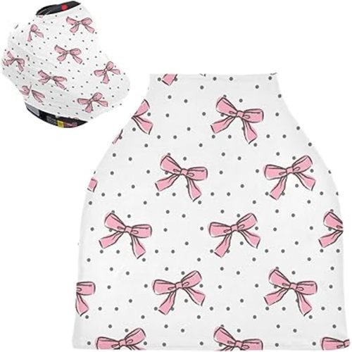 Kigai Bow Pink Car Seat Cover for Babies, Multi Use Nursing Covers for Breastfeeding, Carrier, Stroller, Shopping Cart - Soft Breathable Shower Gifts for Boys Girls