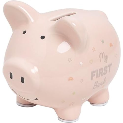 Kate & Milo Mini Ceramic Piggy Bank, Newborn Nursery Décor, Baby Girl Keepsake Gift, My First Bank, Pink Rainbows and Stars