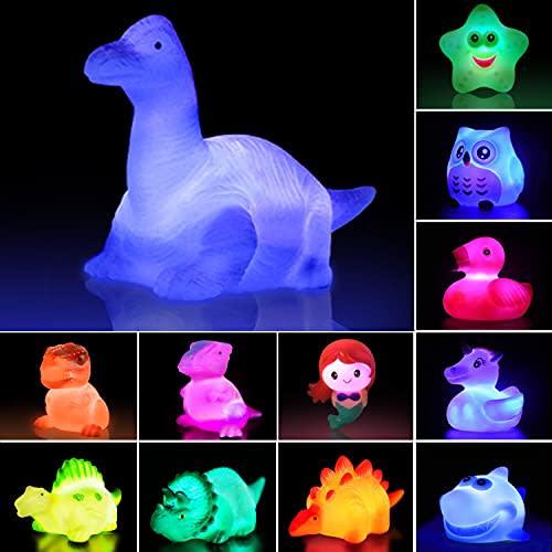 Jomyfant Baby Bath Toys,12 Packs Light Up Floating Rubber Toys Flashing Color Changing Light in Water Bathtub Shower Games Toys for Baby Kids Toddler Child