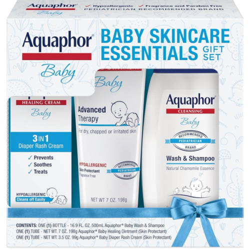 Aquaphor Baby Skin Care Essentials Gift Set with Baby Wash and Shampoo (16.9 Fl Oz) + Healing Ointment for Chapped Skin and Drool Rash (7Oz) + Diaper Rash Cream (3.5Oz), Hypoallergenic