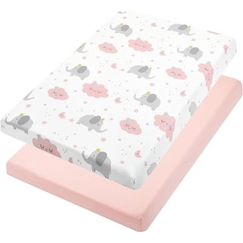 TILLYOU Mini Crib Fitted Sheets 2 Pack - Soft Jersey Knit Microfiber Playpen Bedding Sheet for Baby, Portable Mini Pack n Play Sheet, Machine Washable, 38'' x 24'', Elephants Clouds&Pink