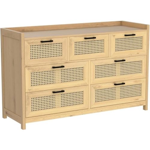 AOGLLATI Rattan Dresser for Bedroom with 7 Drawers, Dressers & Chests of Drawers,Wood Long Bedroom Dresser for Bedroom, Hallway, Entryway
