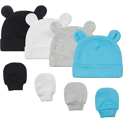 Baby Girl Boy Cotton Cute Beanie Hat 0~6Months Double Layer Fabric 8PCS Infant Bear Ears Cap Anti-Scratch Gloves