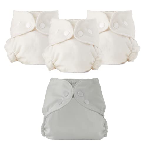 Esembly Cloth Diaper Bundle Set - 3 Organic Cotton Absorbent Inners and 1 Waterproof Outer Diaper Cover - Reusable, Washable, Snap Closure Cloth Diapers - Size 1 (7-17lbs), Dove
