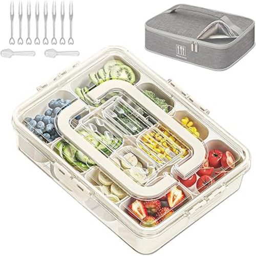 Snack Box Container with Insulated Cooler Bag, Divided Serving Tray with Lid and Handle Beach Essentials, Snackle Box Veggie Tray Fruit Tray with 8 Compartments & 8 Forks & 2 Spoon