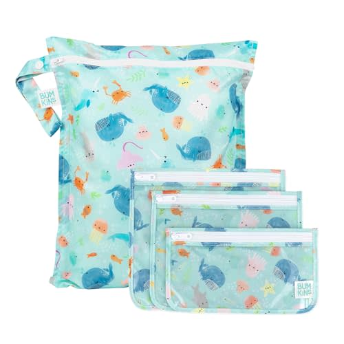 Bumkins Waterproof Wet Bag and Packing Pouches, TSA Airline Compliant, Pack for Baby, Travel, Swim Suit, Cloth Diapers, Pump Parts, Pool, Gym Clothes, Toiletry, Daycare, Zip Bag, 4-pc Ocean Life Blue
