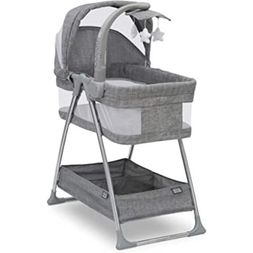Simmons Kids City Sleeper Bedside Bassinet Portable Crib - Activity Mobile Arm with Nightlight, Vibrations, Twinkle Lights and Rotating Stars, Grey Tweed