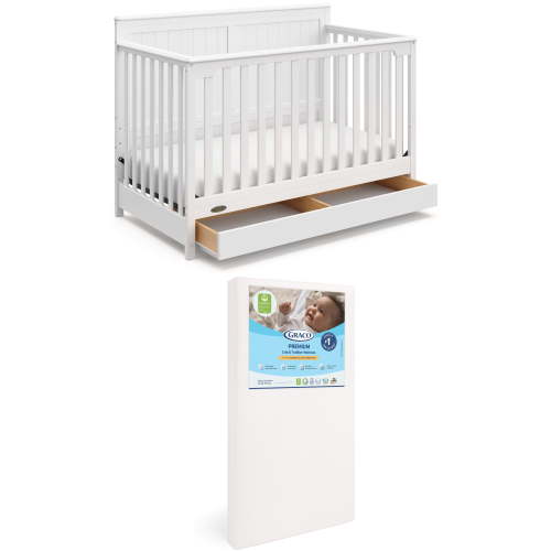 Graco Hadley 5-in-1 Convertible Crib with Drawer and Premium Crib & Toddler Mattress Bundle, White
