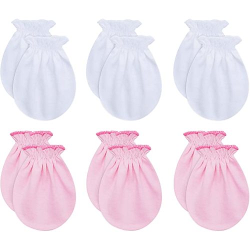 RATIVE No Scratch Mittens and Caps 100% Cotton for Newborn Baby 0-6 Months Boys Girls - 3white+3pink