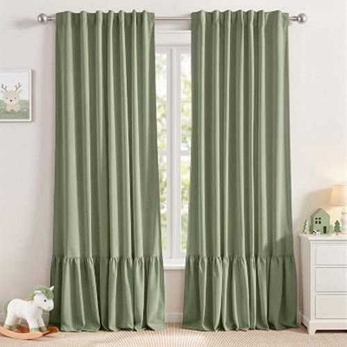 Ruffle 100% Blackout Curtains,Double Layer,2 Panels,Green,52x90