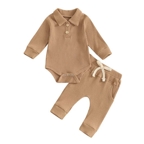 Baby Boys Girls 2Pcs Ribbed Set Button Long Sleeve Romper with Collar – August + Willow
