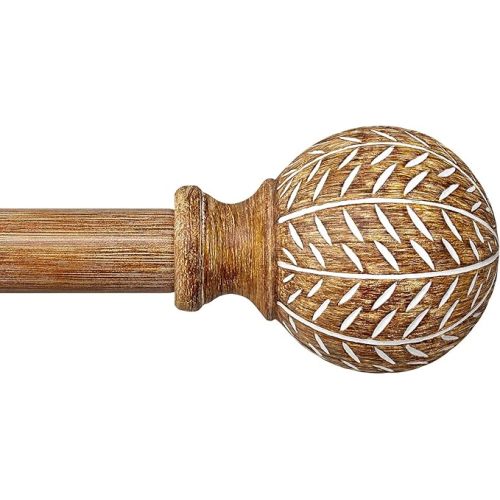 Wood Curtain Rods for Windows 48 to 84 Inch,1'' Diameter Drapery Rods with Imitation Wood Grain Leaf Pattern Finials,Boho Adjustable Heavy Duty Curtain Rods Set,36-88'',Color:Natural Wood
