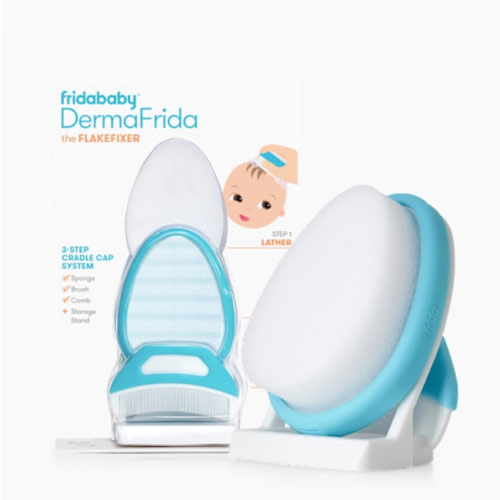 Frida Baby The 3-Step Cradle Cap System, DermaFrida The FlakeFixer, Sponge, Brush, Comb and Storage Stand for Babies with Cradle Cap, White-Blue
