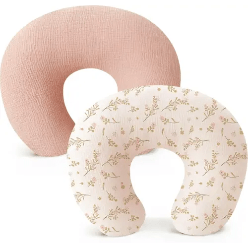Konssy 2-Pack Muslin Nursing Pillow Covers, Soft & Adorable Nursing Covers for Breastfeeding Pillows, Slipcovers for Newborn Boys & Girls(Pink, Floral)