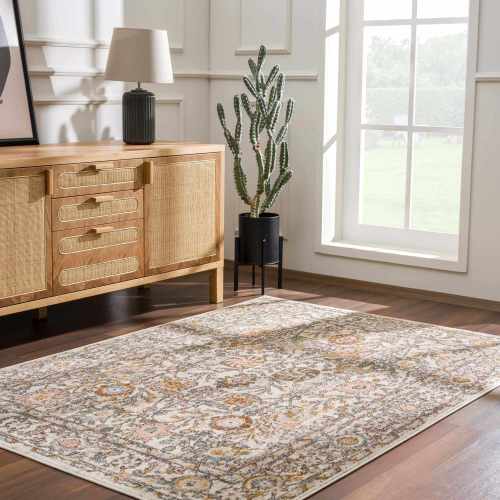 Hauteloom Herstmonceux Traditional Living Room Bedroom Soft Natural Area Rug - Oriental Persian Floral Farmhouse Carpet - Boho, Modern Vintage - Cream, Pink, Salmon, Orange, Brown - 5'2" x 7'3"