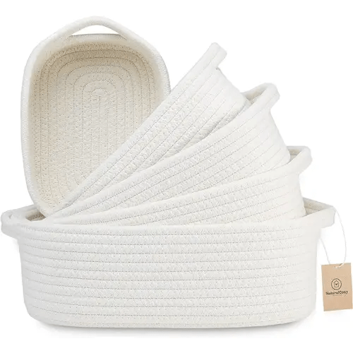 NaturalCozy 5-Piece Rectangle Storage Basket Set- Natural Cotton Rope Woven for Organizing! Small Basket for Montessori, Baby Nursery, Dog Toy Baskets, Cat Toy Box, Bathroom Organization Bin