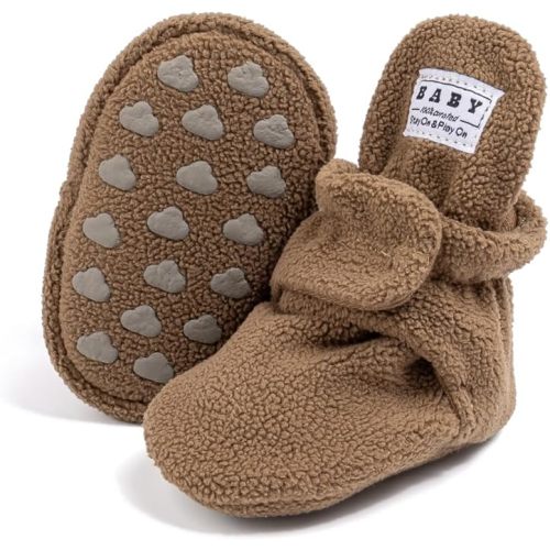 Babelvit Newborn Baby Boy Girl Soft Fleece Booties Stay On Infant Slippers Socks Shoe Non Skid Gripper Toddler First Walkers Winter Ankle Crib Shoes