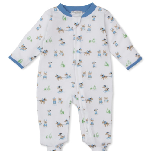 Puppy's Sleigh Riding Fun Blue Zip Footie
